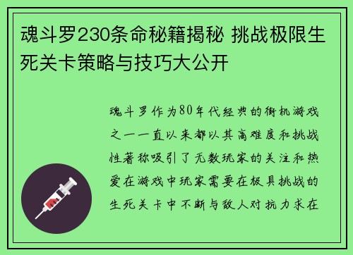 魂斗罗230条命秘籍揭秘 挑战极限生死关卡策略与技巧大公开